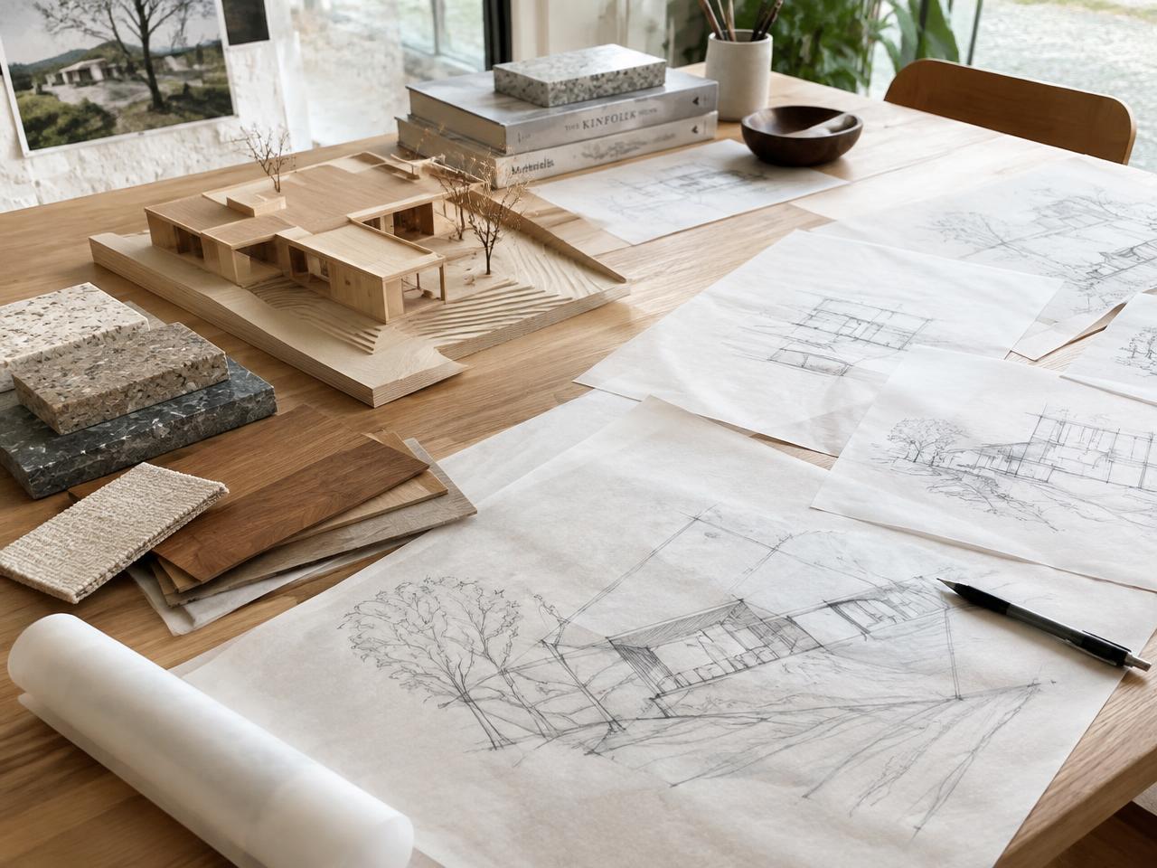 Mesa de trabalho com croquis, maquete e amostras de materiais